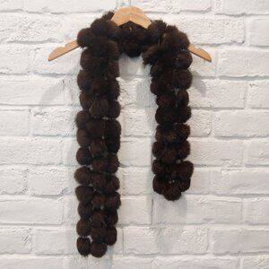 100% Genuine Rabbit Fur Scarf Brown 52" Long x 4.5" Wide Pompons Authentic Soft